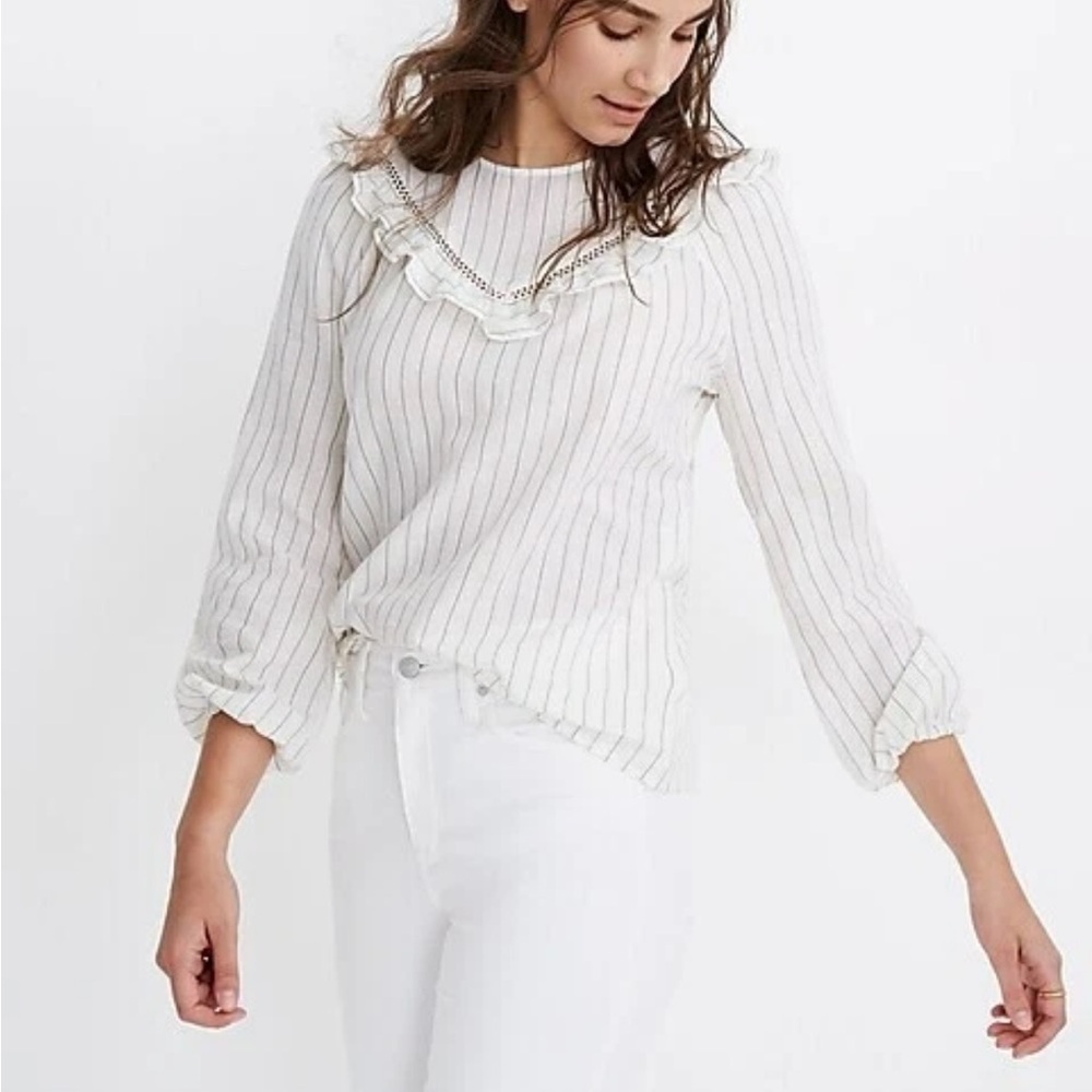Madewell White Striped Ruffle Blouse Large